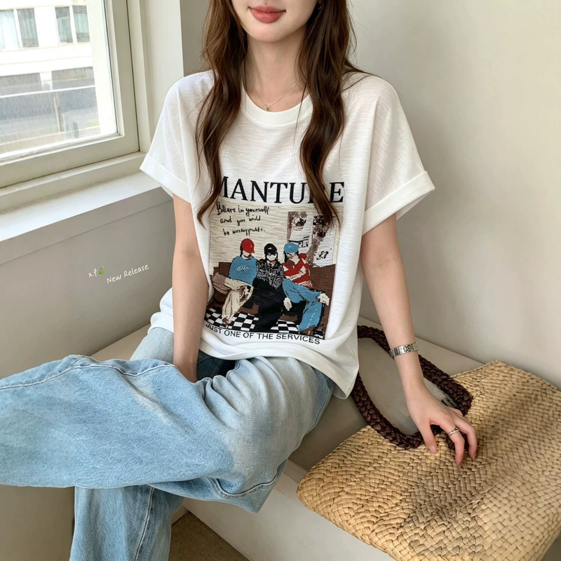 Fashionable Jacquard T-Shirt for Women, Stylish Round Neck, Flutter Sleeves, Casual Versatile Slim-Fit Youthful Knit Top Fashionable Jacquard T-Shirt for Women, Stylish Round Neck, Flutter Sleeves, Casual Versatile Slim-Fit Youthful Knit Top