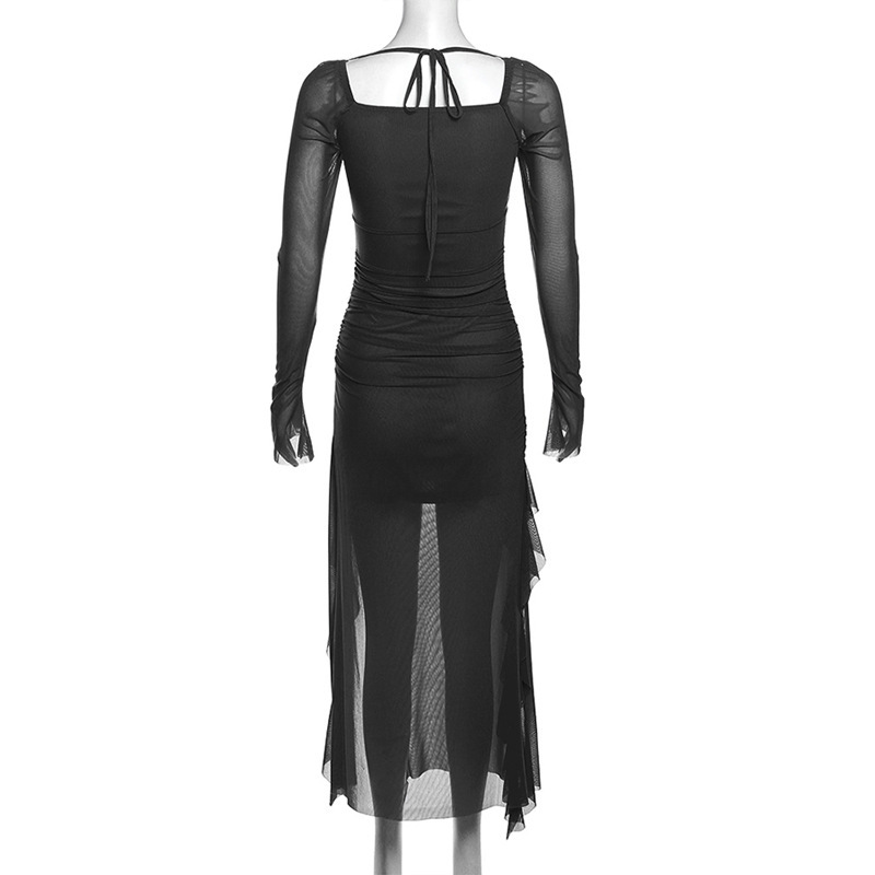 European And American Style 2024 Autumn Winter New Women's Mesh Ruffle Niche Design Long Sleeve Square Neck Dress_ecoleips.com