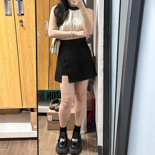 Black split suit and short skirt, women's summer large size fat mm, belly-covering, slimming pear shaped figure, high-waist a-line skirt