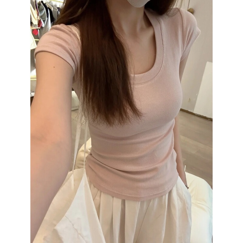 Finafu Basic Style U-Neck Ribbed Slim-Fit Short-Sleeve Women's Undershirt Slimming T-Shirt Top Base Layer Finafu Basic Style U-Neck Ribbed Slim-Fit Short-Sleeve Women's Undershirt Slimming T-Shirt Top Base Layer