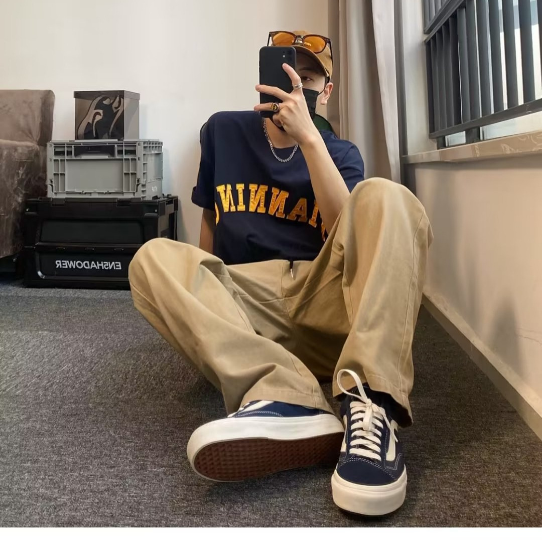 Autumn Japanese Style Retro American Style Street Straight Casual Trousers Men's Trendy Elasto Khachi Pocket Work Pants Men