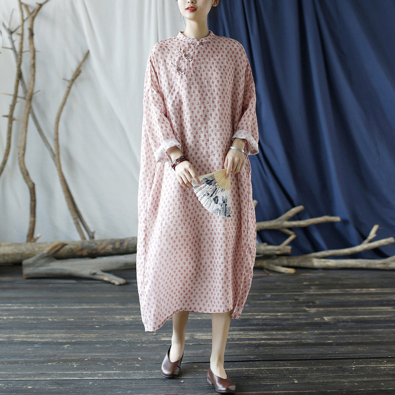 2360 Ximo Original Summer Retro Loose Stand Collar Vintage Dress Ramie Digital Print Improved Cheongsam