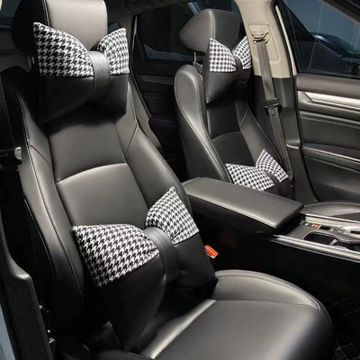 Car interior houndstooth bow headrest linen leather stitching decoration creative seat neck pillow waist support