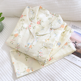 Flower Gauze Set Pajamas Women's Long-sleeved Cotton Gauze Set Spring and Summer Cotton Yarn Thin Home Clothes
