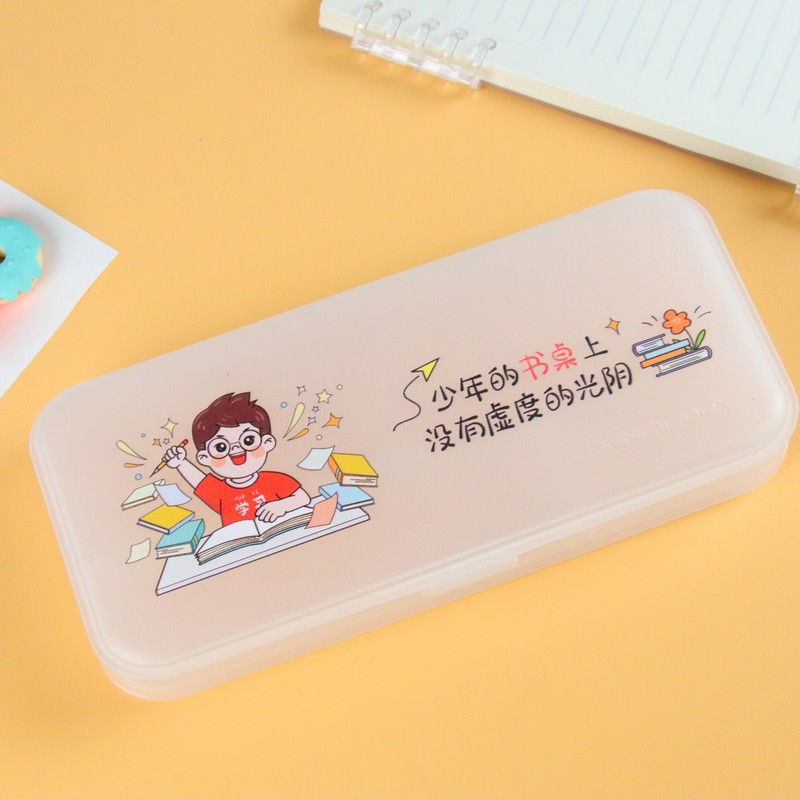 Creativo transparente color impresión papelería caja de dibujos animados estudiante de gran capacidad lápiz caso escritorio papelería caja de almacenamiento lindo lápiz