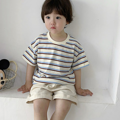 夏季兒條紋T恤男童女童短袖上衣寬鬆百搭簡約洋氣條紋上衣兒童T恤