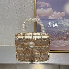 Metallic hollow pearl silk satin bird cage vegetable basket bag party sparkling not bright water diamond hand-held crossbody bag
