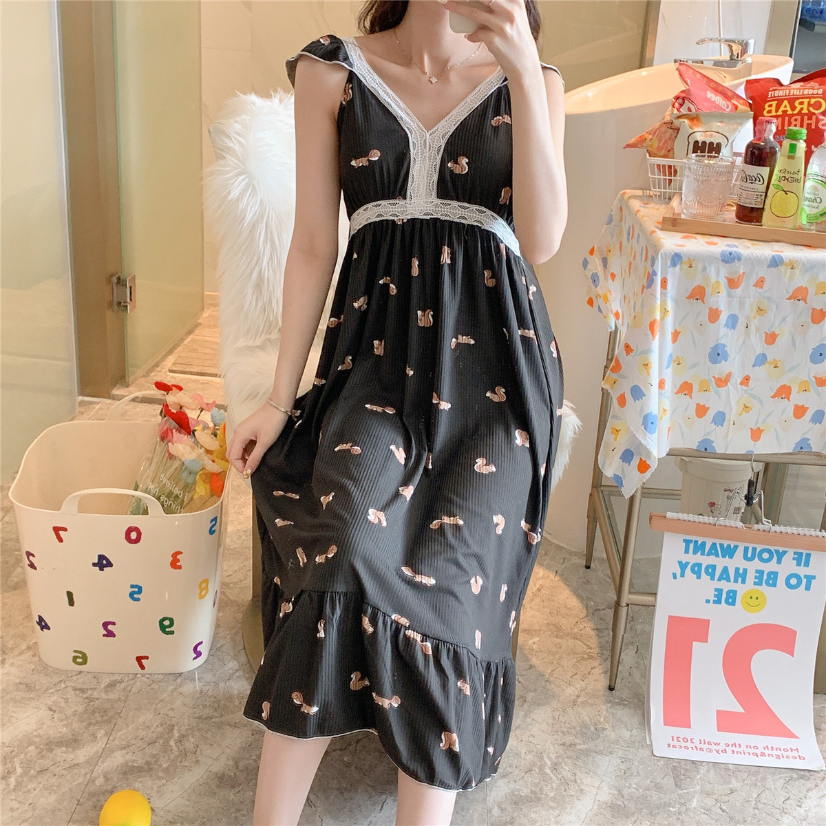 Comercio exterior al por mayor de verano estilo coreano dulce sexy con almohadilla en el pecho correa de longitud media camisón niña pijamas de encaje