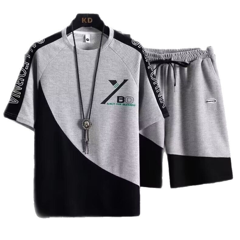 Camisas y menos ropa, pantalones cortos de gofro, tendencia de verano para hombres, traje deportivo de ocio suelto de cinco puntos