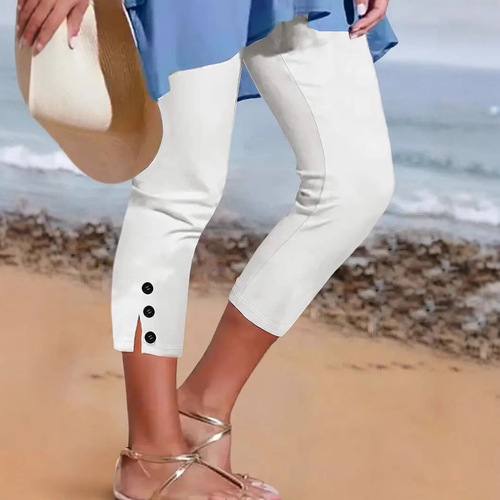 2025 Summer Medium-Waist Elastic Solid Color Seven-Foot Tight Fashion Sexy Button-Patch Casual Pants for Women