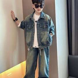 儿童装男童牛仔套装2025新款春款中大童牛仔外套春季男孩俩件套朝