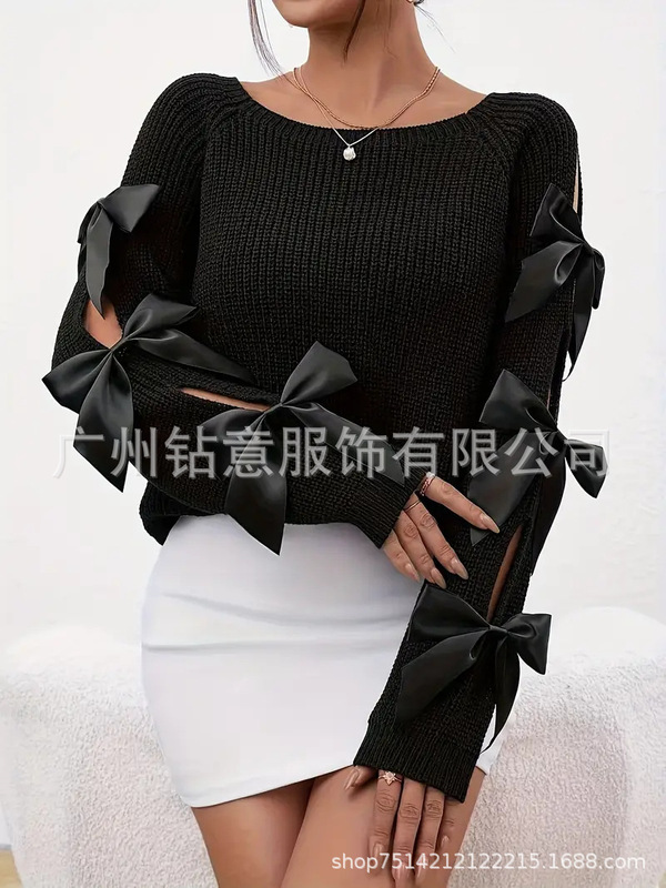 欧美跨境外贸新款女士优雅蝴蝶结装饰毛衣圆领长袖宽松套头衫|undefined