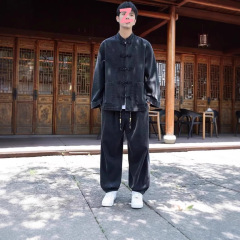 外套男款秋中国风复古怀旧盘扣立领牛仔夹克男水洗牛仔衣外套男