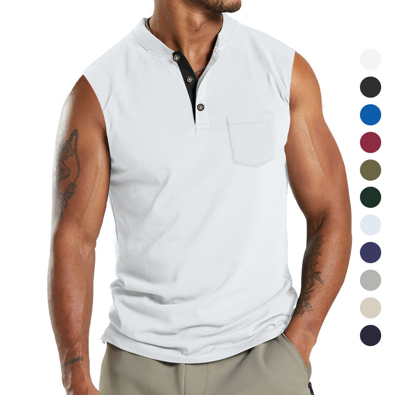 2024 Summer New Kam Shoulder Large Men's Short Sleeve Button Pocket Sleeveless T-shirt_voghion.com