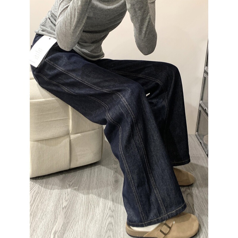 Dark Blue Wide-Leg Jeans for Women in Autumn and Winter Fleece-Lined and Thickeneded Large Size Fat mm Pear-Shaped Body Loose Slimming Look Straight Pants