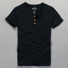 美式复古男式T恤短袖门筒领薄款竹节棉修身纯色休闲男装T一件代发