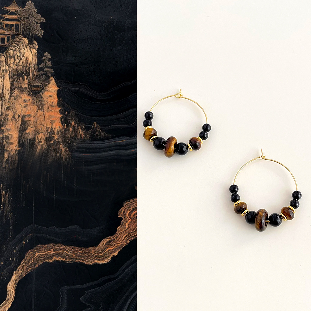 Gold-plated ~ Guofeng Original Hand-made Natural Tiger Eye Stone Ear Ring Retro New Chinese Black Onyx Earrings Antique Earrings