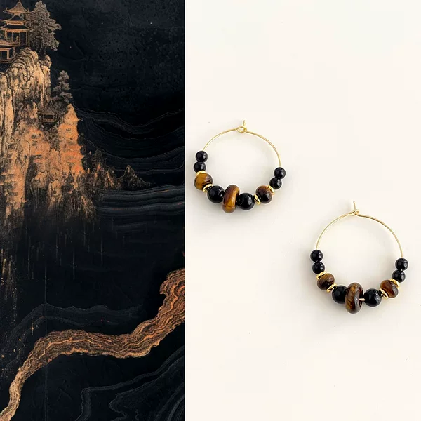 Gold-plated ~ Guofeng Original Hand-made Natural Tiger Eye Stone Ear Ring Retro New Chinese Black Onyx Earrings Antique Earrings