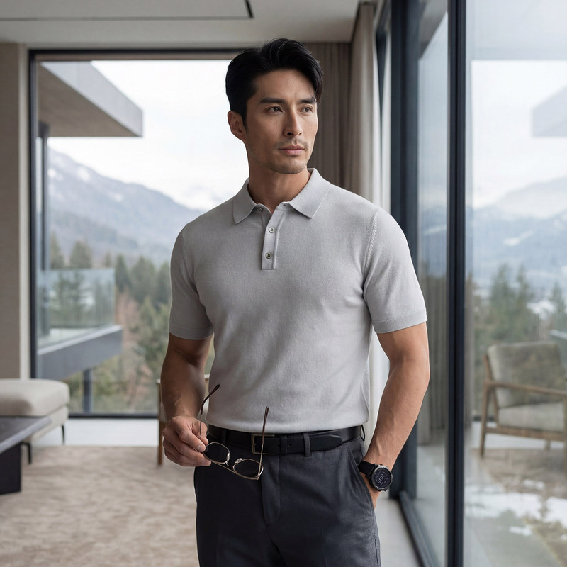 [Kangcaini] 2026 New Style Men's Thin Short-Sleeve Polo Shirt Made of Fine-Spun Silk and Cashmere with a Turn-Down Collar