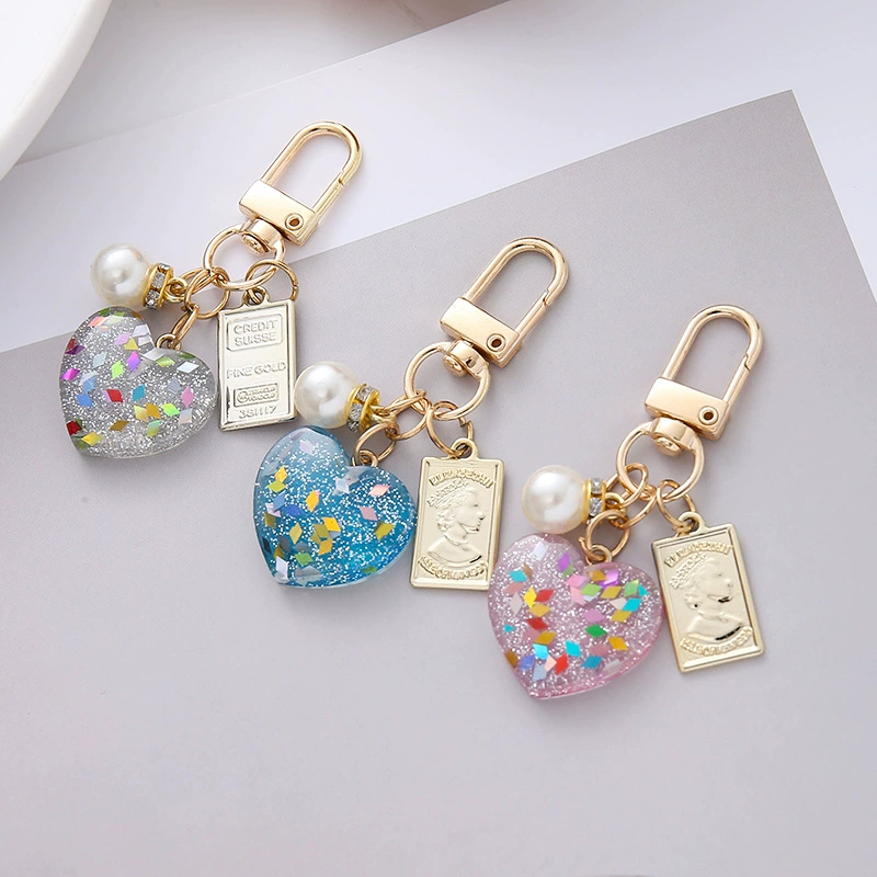 Keychain heart pendant, pearl charm, glitter coin tag, 7×3.5×1 cm, lightweight accessory