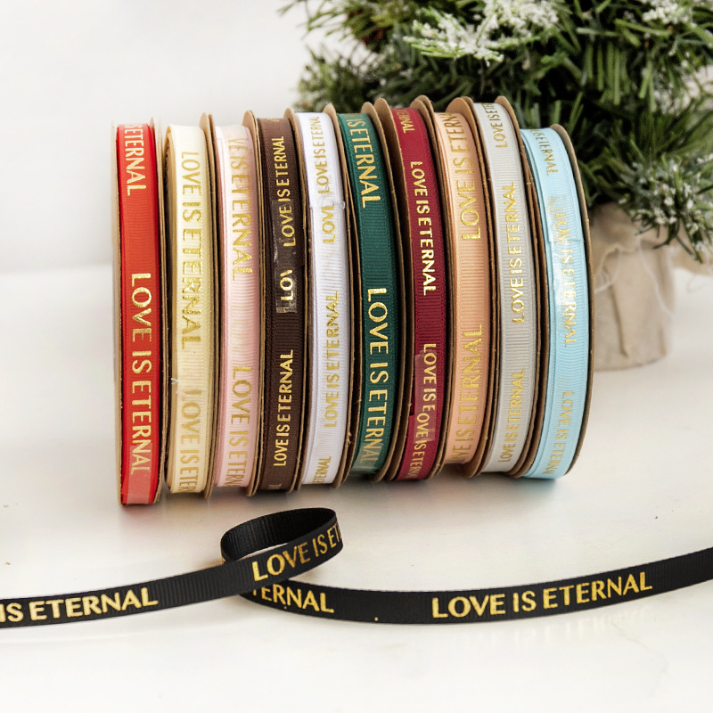 Gold Thread Ribbon for 1CM Screws, Alphabet Ribbon, Flower Packaging Ribbon, Gift Handout Ribbon for Wholesale