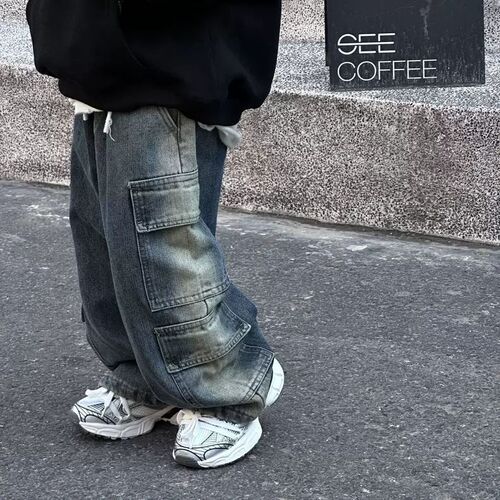 Children's denim jeans spring version unisex children's spring wear baby retro boy wide-leg pants straight-leg pants long pants work style
