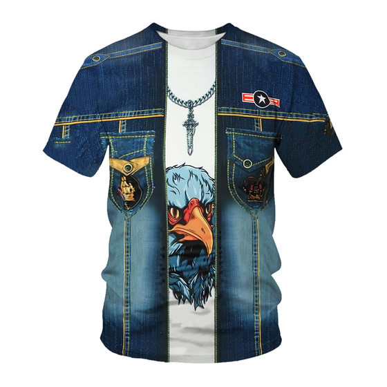 Summer short-sleeved T-shirt new fashion fake two-piece 3D printed men's round neck casual sports half-sleeve bottoming shirt