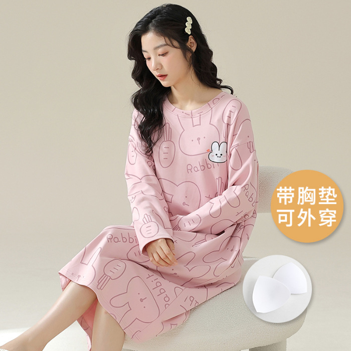2024 pijama de primavera y otoño de mujeres cuello redondo pijama de manga larga estilo coreano delgado con cojín de pecho dibujos animados larga ropa de hogar encantadora