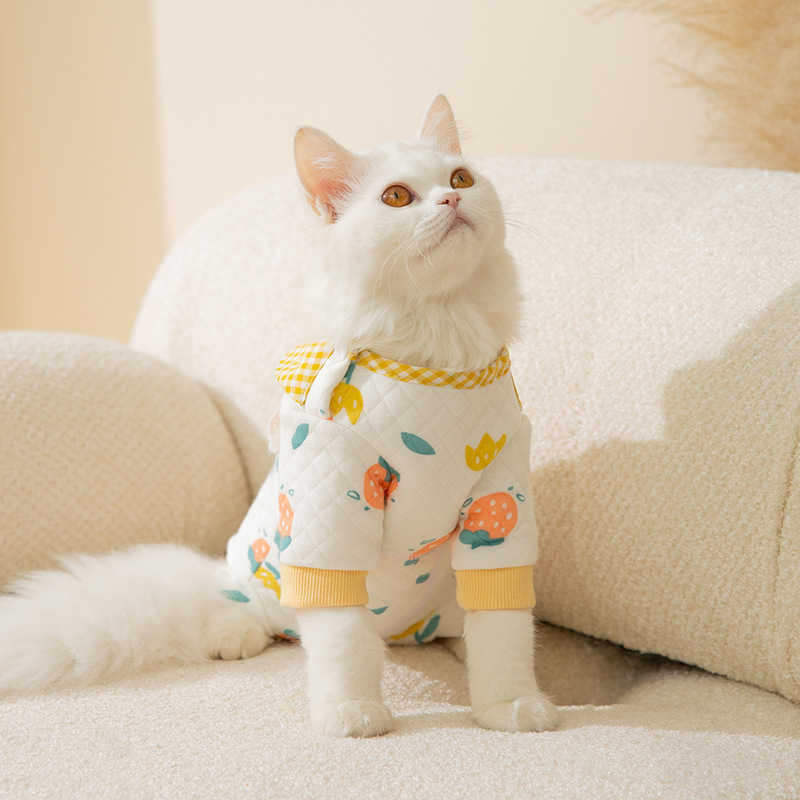 Gato Otoño e Invierno de algodón de dibujos animados impreso de cuatro patas bolsa de ropa del vientre ropa de protección del vientre caliente perro bolsa de ropa para mascotas