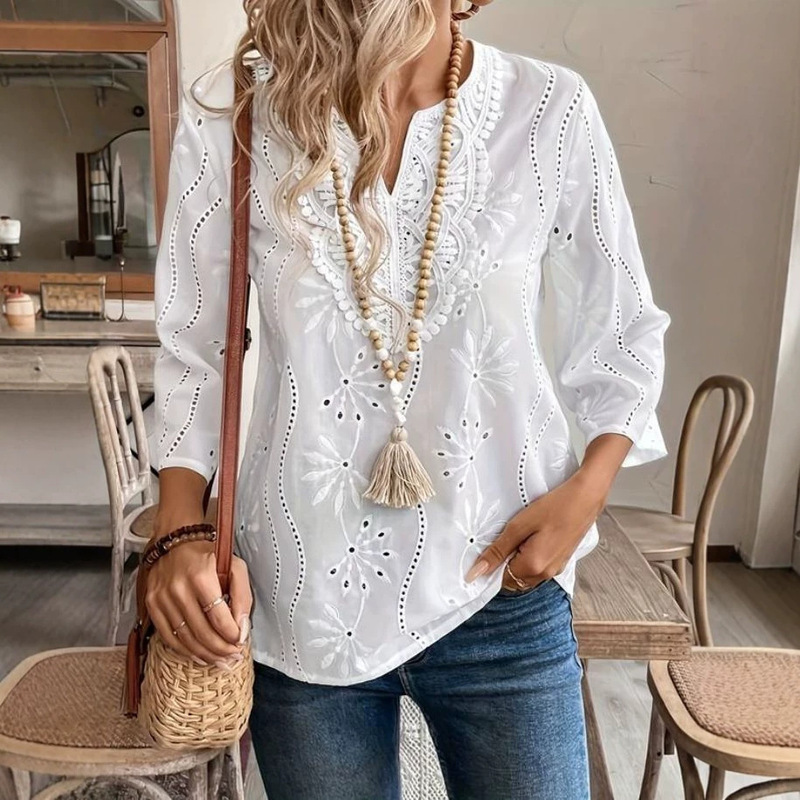 2025 Amazon European and American Cross-Border Spring and Autum New Loose V Neck Embroidered Three-Quarter Sleeve Lace Top 2025 Amazon European and American Cross-Border Spring and Autum New Loose V Neck Embroidered Three-Quarter Sleeve Lace Top