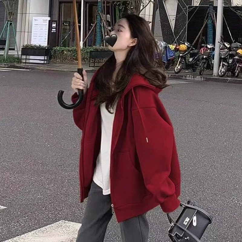 Бордовая толстовка на молнии для женщин, весна-осень 2025, новый популярный свободный повседневный кардиган с капюшоном