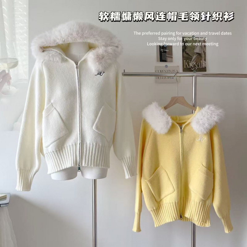 塞纳软糯慵懒风温柔连帽毛领针织衫女2025春秋新款休闲百搭毛衣|undefined