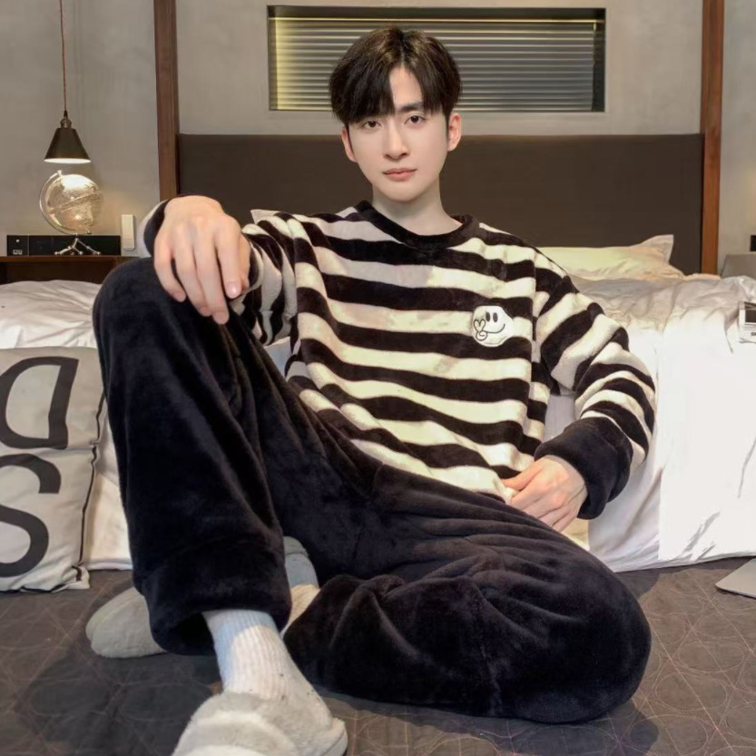 Winter Coral Velvet Warm Pajamas for Men, Spring, Autumn and Winter Men's Flannel Stripesd Men's Fleece-Lined Home Wear Set
