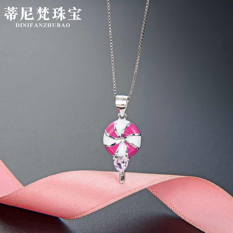 Estilo japonés y coreano de moda pequeño collar cadena clavícula fresca s925 gota plata aceite creativo lindo Lollipop colgante para las mujeres