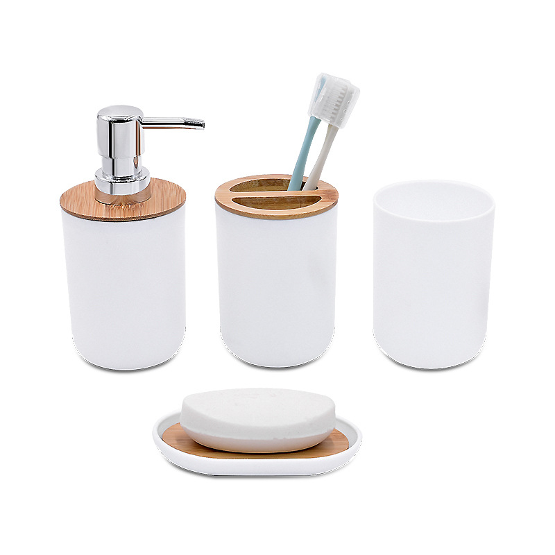 Baños de hotel modernos y minimalistas de bambú y madera Kit de artículos de baño Kit de almacenamiento de artículos de baño Kit de baño de cuatro piezas