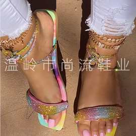 独立站2022夏新款欧美时尚方头花色平底彩色水钻交叉绑带女凉鞋43