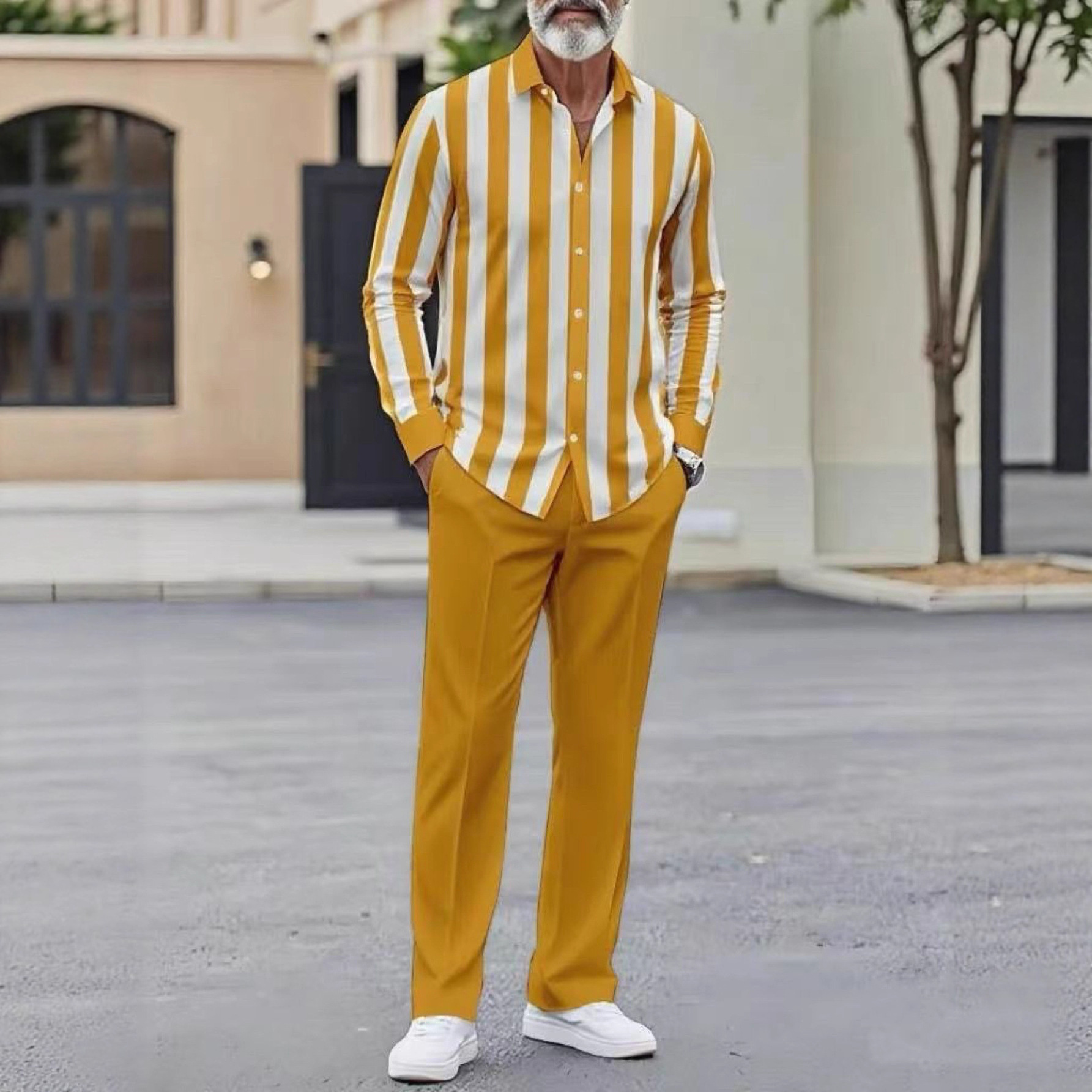 跨境欧美现货男士3d数码印花秋冬潮流条纹户外悠闲衬衫纽扣套装