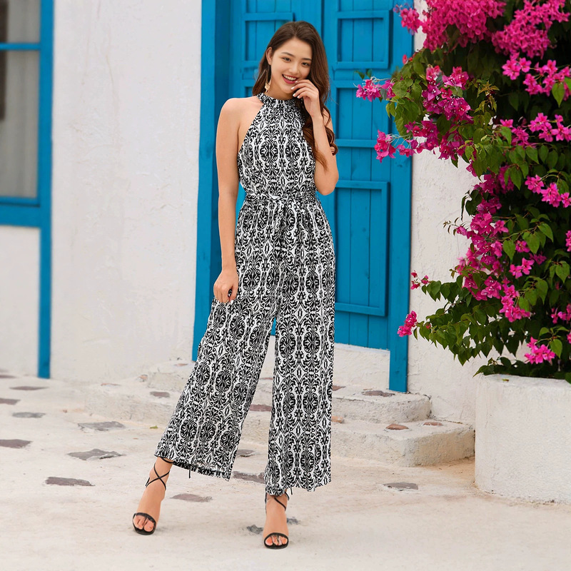 Cross-Border Foreign Trade European and American Style Halter Neck Waist-Cinching Jumpsuit 2026 Summer Bohemian Vacation Casual Wide-Leg Pants Women's Clothing Cross-Border Foreign Trade European and American Style Halter Neck Waist-Cinching Jumpsuit 2026 Summer Bohemian Vacation Casual Wide-Leg Pants Women's Clothing