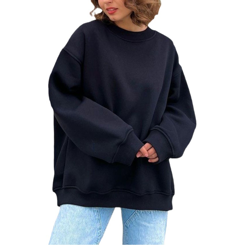 Sudadera holgada de cuello redondo para mujer, estilo europeo y americano, estilo urbano otoño-invierno 2025, jersey de forro polar oversize de color liso con mangas largas.