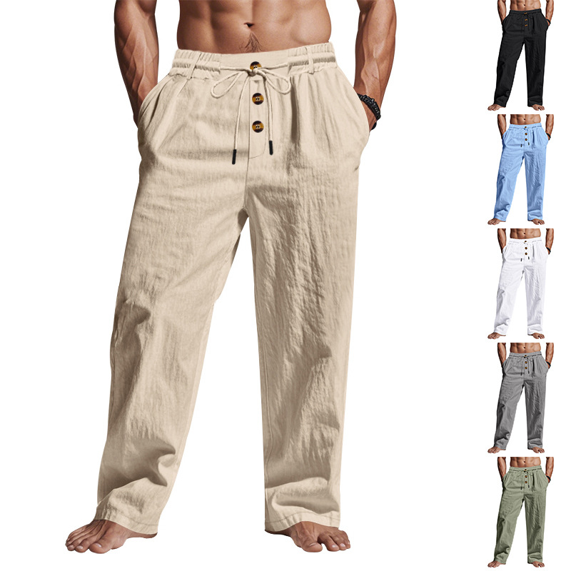 Pantalones de lino transfronterizos europeos y americanos Amazon para hombres verano respirado y relajado, pantalones casuales de piernas anchas, deportivos rectos