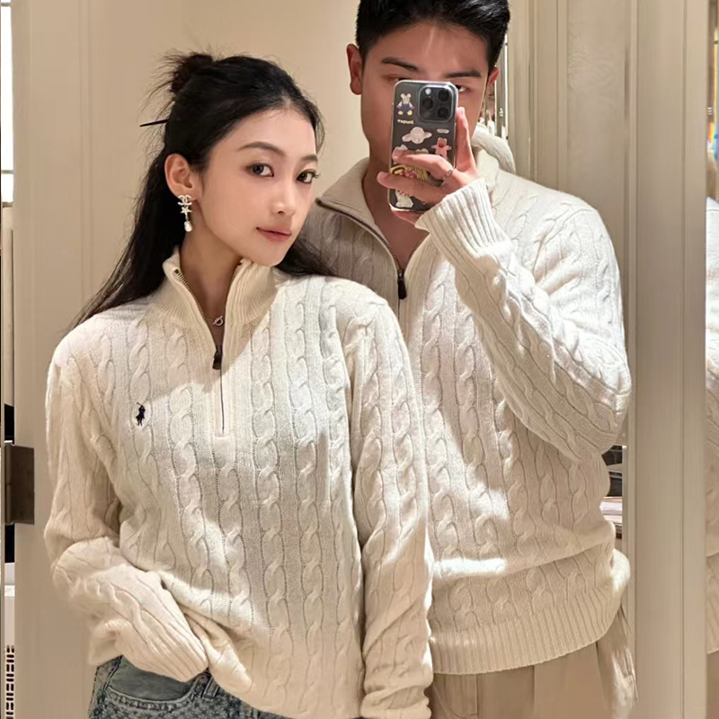 Rl Pony Logo Cross-Border 25Ss Autumn and Winter New Half Turtleneck Zipper Embroider Versatile Twist Sweater for Men and Women Couples