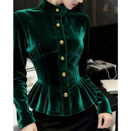 2025秋冬新款绿色丝绒长袖上衣女气质名媛高端轻奢荷叶边掐腰衬衫
