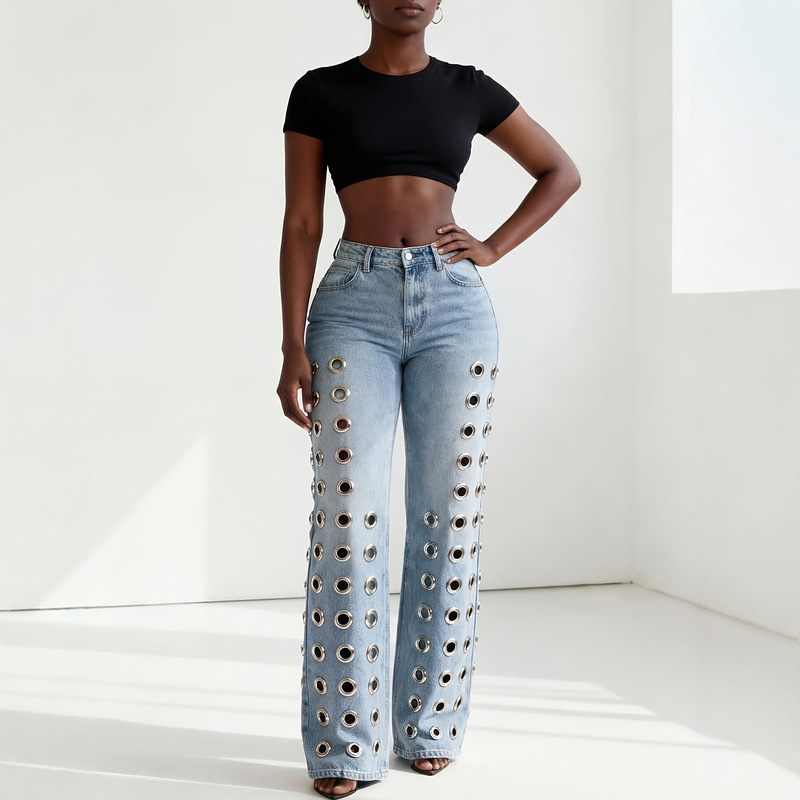 2026 European and American High-Waisted Wide-Leg Jeans for Women with Metal Ring Cutouts, Straight-Leg Floor-Length Pants, Hot-Selling Foreign Trade Cutout Jeans 2026 European and American High-Waisted Wide-Leg Jeans for Women with Metal Ring Cutouts, Straight-Leg Floor-Length Pants, Hot-Selling Foreign Trade Cutout Jeans