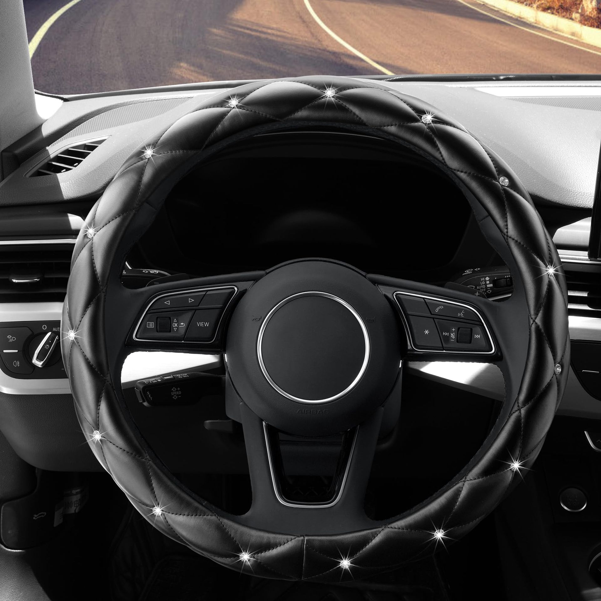 Factory Direct Sales Amazon Car Diamond-Studded Steering Wheel Cover, Universal for All Seasons, Soft Leather Anti-Slip Rhinestone Handle Cover