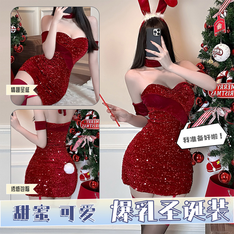 Red Christmas New Year's Eve New Clothes Sexy Intimates Sexy No-Take-Off Temptation Passionate Bed Shame One-Piece Robe Pajamas