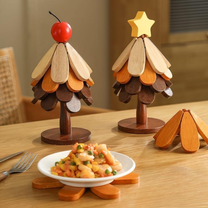 Insulation Mat Solid Wood Dining Table Anti-Scalding Household Christmas Tree Coaster Bamboo Ornaments Christmas Tree Casserole Insulation and Practical