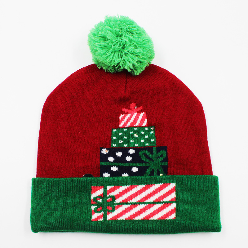 Fabricante transfronterizo de gorros navideños europeos y americanos tejidos en jacquard, gorros navideños de lana con luces LED, gorros navideños con pompón y bufandas. image 13