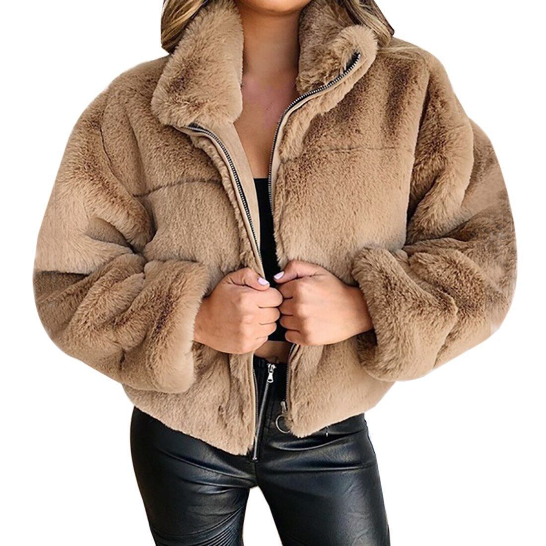 Women'S Fashion Solid Color Patchwork Zipper Coat Plush Coat display picture 13