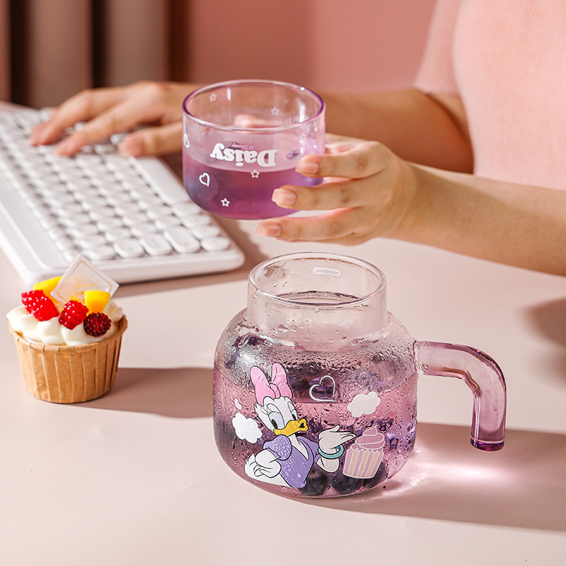 Nuevo tipo de taza de agua con tapa de Disney, taza de agua de una persona, taza de agua de vidrio de alta capacidad, taza de té de flores, taza de agua de vidrio de alta silicona