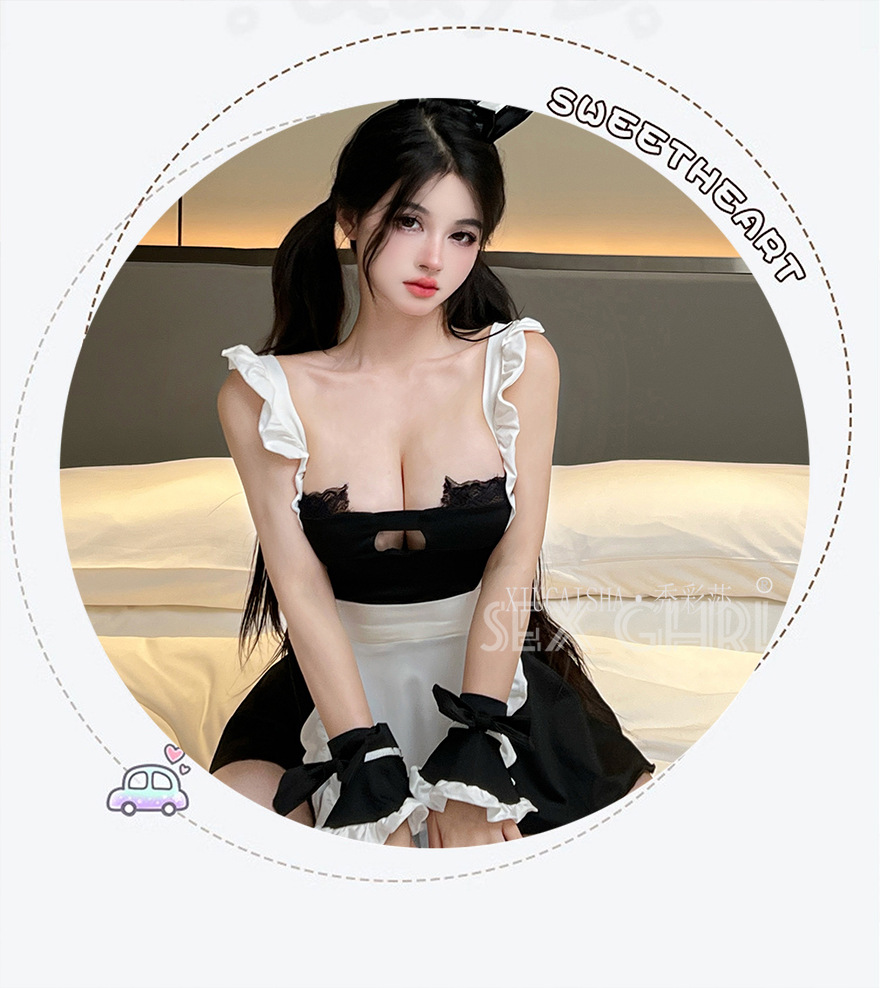 Bunny Girl Maid Apron Lingerie Set with Black Stockings, One Size — detail image 3